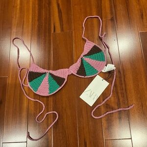 New NWT ZARA Pink Brown Green Crochet Color Block Bikini Top Tie Straps Size M